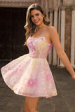Vestido de fiesta corto rosa con lentejuelas sin tirantes brillantes con apliques