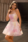 Vestido de fiesta corto rosa con lentejuelas sin tirantes brillantes con apliques
