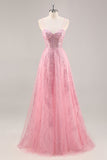 Corsé rosa brillante A Line Vestido de Fiesta Largo