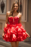Vestido de fiesta corto rojo con corsé sin tirantes A Line con lazos