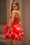 Vestido de fiesta corto rojo con corsé sin tirantes A Line con lazos