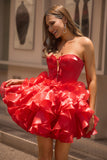 Vestido de fiesta corto rojo con corsé sin tirantes A Line con lazos