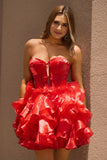 Vestido de fiesta corto rojo con corsé sin tirantes A Line con lazos