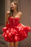 Vestido de fiesta corto rojo con corsé sin tirantes A Line con lazos