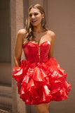 Vestido de fiesta corto rojo con corsé sin tirantes A Line con lazos