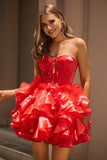 Vestido de fiesta corto rojo con corsé sin tirantes A Line con lazos