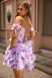 Vestido de fiesta corto con corsé estampado de línea A con volantes