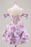 Vestido de fiesta corto con corsé estampado de línea A con volantes