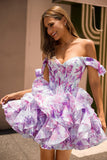 Vestido de fiesta corto con corsé estampado de línea A con volantes