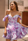 Vestido de fiesta corto con corsé estampado de línea A con volantes