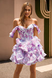 Vestido de fiesta corto con corsé estampado de línea A con volantes