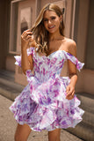 Vestido de fiesta corto con corsé estampado de línea A con volantes