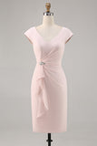 Vestido midi Madre de la Novia con cuello en V Nailon Rosa Caramelo con volante