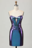 Azul metálico púrpura strapless corte corsé ajustado vestido de regreso a casa