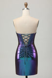 Azul metálico púrpura strapless corte corsé ajustado vestido de regreso a casa