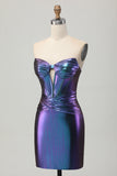 Azul metálico púrpura strapless corte corsé ajustado vestido de regreso a casa