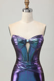 Azul metálico púrpura strapless corte corsé ajustado vestido de regreso a casa