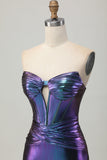 Azul metálico púrpura strapless corte corsé ajustado vestido de regreso a casa