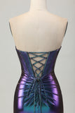 Azul metálico púrpura strapless corte corsé ajustado vestido de regreso a casa
