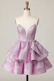 Vestido de fiesta corto sin tirantes con purpurina y morado claro con lazo