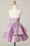 Vestido de fiesta corto sin tirantes con purpurina y morado claro con lazo