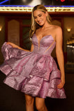 Vestido de fiesta corto sin tirantes con purpurina y morado claro con lazo