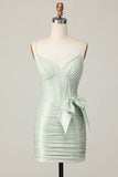 Vestido corto de fiesta con corsé y lazo verde salvia