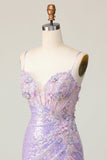 Vestido de regreso a casa con corsé ajustado ajustado lila brillante con lentejuelas con flores 3D