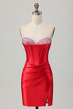 Vestido de fiesta corto con corsé de cuentas y bodycon rojo sin tirantes con abertura