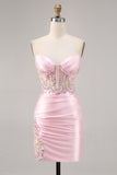Vestido de regreso a casa con corsé corto satén rosa caramelo con apliques