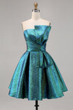 Vestido de fiesta corto fruncido estilo pavo real en verde metálico brillante