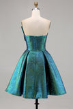 Vestido de fiesta corto fruncido estilo pavo real en verde metálico brillante