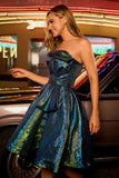 Vestido de fiesta corto fruncido estilo pavo real en verde metálico brillante