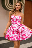 Vestido de fiesta corto floral fucsia sin tirantes con lazo