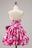Vestido de fiesta corto floral fucsia sin tirantes con lazo