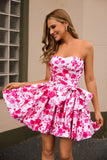 Vestido de fiesta corto floral fucsia sin tirantes con lazo