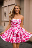 Vestido de fiesta corto floral fucsia sin tirantes con lazo