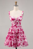 Corsé floral fucsia estampado Una línea Vestido de regreso a casa