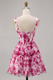 Corsé floral fucsia estampado Una línea Vestido de regreso a casa