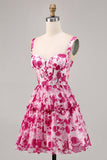 Corsé floral fucsia estampado Una línea Vestido de regreso a casa