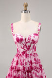 Corsé floral fucsia estampado Una línea Vestido de regreso a casa