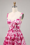 Corsé floral fucsia estampado Una línea Vestido de regreso a casa
