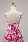 Corsé floral fucsia estampado Una línea Vestido de regreso a casa