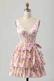 Vestido de fiesta corto con corsé floral rosa en forma de línea A con lazo