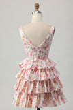 Vestido de fiesta corto con corsé floral rosa en forma de línea A con lazo