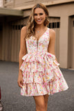 Vestido de fiesta corto con corsé floral rosa en forma de línea A con lazo