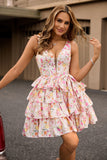 Vestido de fiesta corto con corsé floral rosa en forma de línea A con lazo