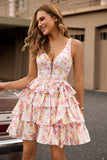 Vestido de fiesta corto con corsé floral rosa en forma de línea A con lazo