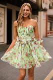 Vestido de fiesta corto con corsé floral verde sin tirantes con lazos