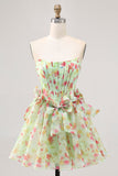 Vestido de fiesta corto con corsé floral verde sin tirantes con lazos